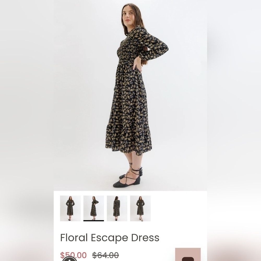 NWOT New In Floral Escape Dress A-line Mock Neck Long Sleeves Midi Boho Size L - Picture 2 of 12